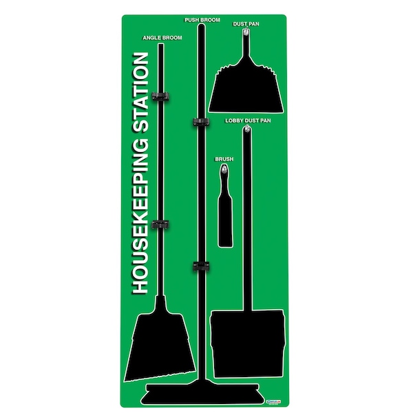 5S Housekeeping Shadow Board Broom Station Version 1 - Green Board / Black Shadows  With Broom
